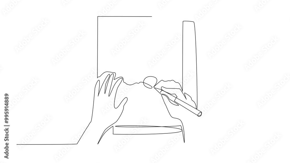 Poster animation of one line drawing hand writing on paper with pen. cross and check mark symbols as correc