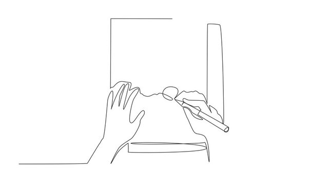 Animation of one line drawing hand writing on paper with pen. Cross and check mark symbols as correction notes. National Proofreading Day. Continuous line self drawing animated. Full length motion