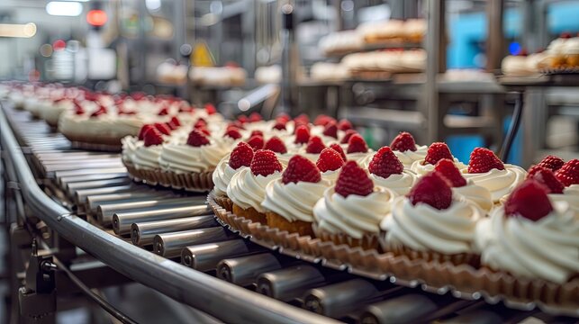 conveyor belt with cake in a food factory