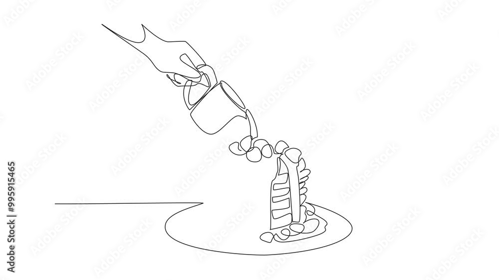 Poster self drawing animation of single continuous line drawing pancake dish on a plate drizzled with syrup