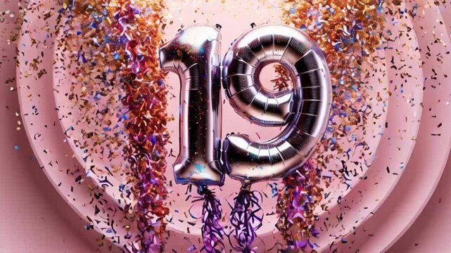 Shiny number 19 balloon, confetti, festive design background