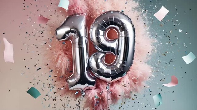 Shiny number 19 balloon, confetti, festive design background