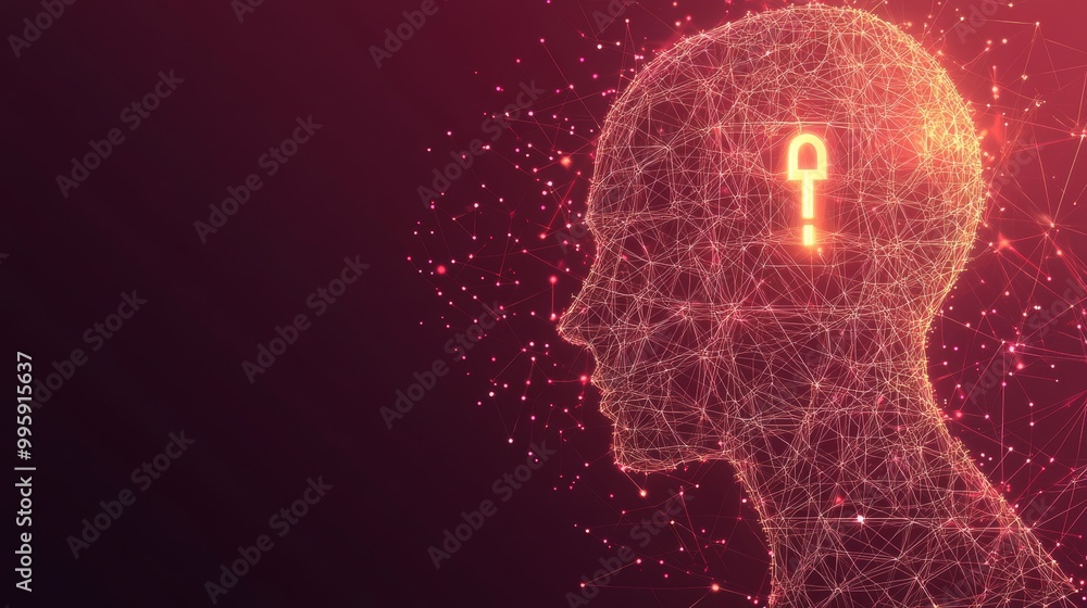 Poster abstract digital security concept with glowing padlock inside human head shape on red background