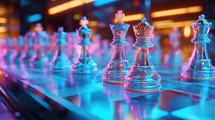 A vibrant close-up of glass chess pieces illuminated by colorful neon lights, creating a visually captivating scene.
