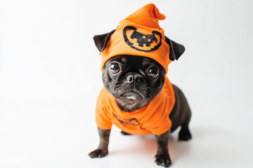 A cute pug dressed in an orange pumpkin costume, ready for Halloween celebration with a playful charm.