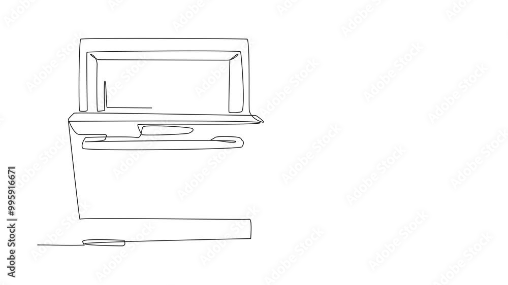 Poster self drawing animation of single line drawing dishwashing machine with lid partially open. advanced 