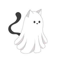 Halloween ghost cat cute doodle characters in costumes cute spooky decoration, line. Bat, stars, moon elements. Animal with black tail. 