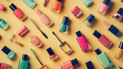 Obraz premium An artistic flat lay of various nail polish bottles in different shades, surrounded by nail tools like files and clippers, perfect for beauty and self-care content.