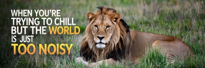 Obraz premium Majestic lion resting in natural habitat captures essence of tranquility amidst nature's vibrant surroundings. Design for World Animal Day.