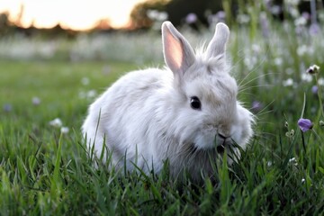 Fluffy rabbit grazing in a serene meadow at sunset