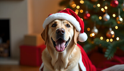 Joyful Labrador Retriever in a Festive Santa Costume SittingProudly Next to a Sparkling Christmas Tree Decorated with Ornaments