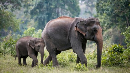 Fototapeta premium Mother elephant and calf walking in lush forest. Natural wildlife scene. Family bond concept. Asian habitat for conservation. Use in nature posters, banners, educational materials.