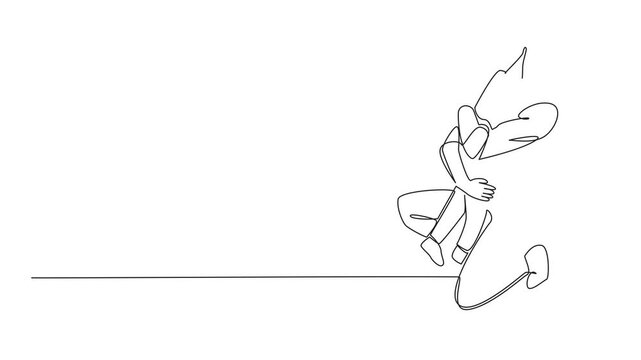 Self drawing animation of single continuous line drawing a soldier is warmly welcomed by his daughter when returns home from duty. Smiling. Warm hugging. National Hug a G.I. Day. Full length animated