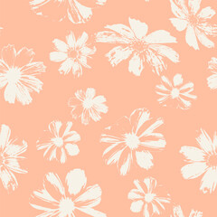 Seamless pattern with flowers blooms stamps. Nature grunge background. Floral inky repeat design.