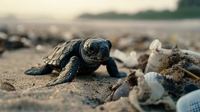 Baby sea turtle crawling on sandy beach towards ocean at sunset. Newborn marine reptile emerging from nest. Wildlife conservation and endangered species. Natural hatching process.