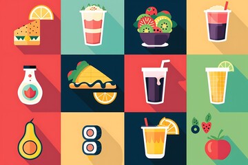 A vibrant collection of flat design culinary icons showcasing various food items. Food design concept