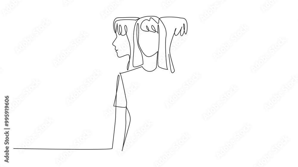 Poster animation of continuous line drawing a woman facing forward with two heads behind looking right and 