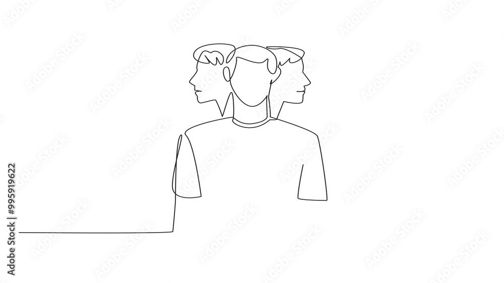 Poster self drawing animation of single continuous line drawing a man facing forward with two heads behind 