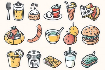 A vibrant collection of flat design culinary icons showcasing various food items. Food design concept