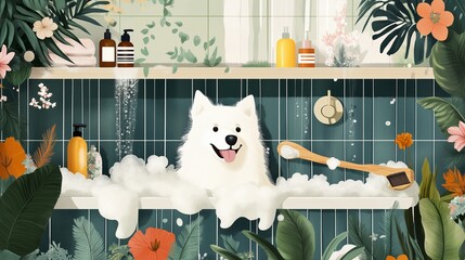 Adorable dog enjoying a bubble bath in a vibrant bathroom filled with tropical plants and grooming products