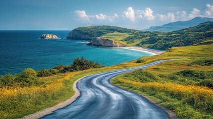 Scenic coastal road winding through lush landscapes by the ocean.