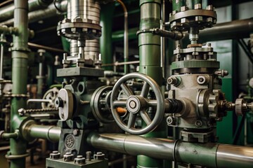 Close-up of industrial machine parts in a petroleum refinery, highlighting precision and mechanics.