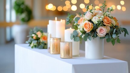 Obraz premium Romantic Wedding Centerpiece with White Candles and Soft Indoor Lighting