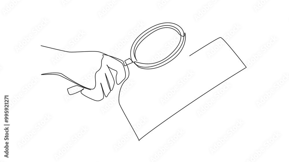 Poster animated self drawing of continuous line drawing hand holds magnifying glass and pointing at a piece