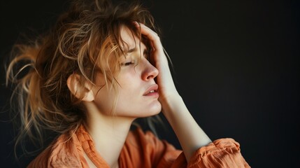 Obraz premium Portrait of a Woman Feeling Stressed and Overwhelmed â€“ Emotion and Mental Health Concept Photograph
