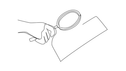 Animated self drawing of continuous line drawing hand holds magnifying glass and pointing at a piece of paper. Finding alternative answers. National Grammar Day. Full length single line animation