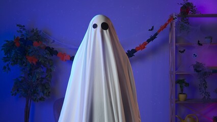 Funny halloween ghost in white sheet with black eyes in dark room pops up into camera. Happy...