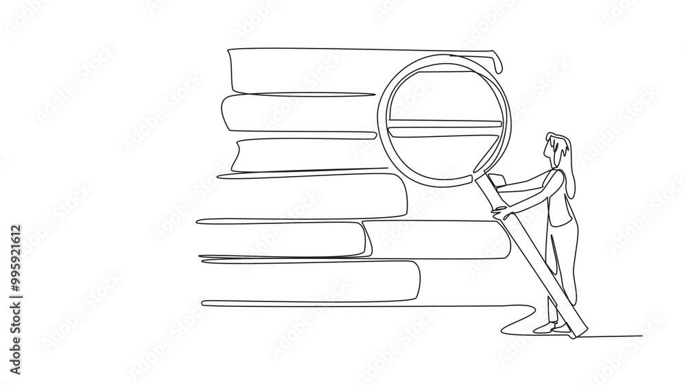 Aufkleber animation of continuous line drawing woman holds large magnifying glass and pointing at a giant stac