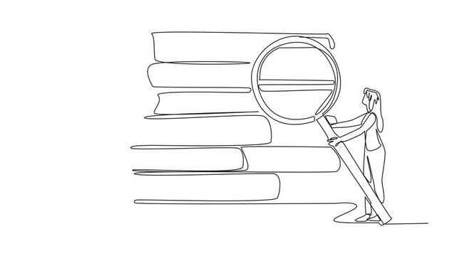 Animation of continuous line drawing woman holds large magnifying glass and pointing at a giant stack of books. Knowledge. National Grammar Day. Single line self drawing animated. Full length motion