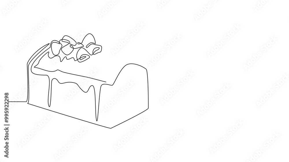Poster self drawing animation of single continuous line drawing pound cake with vanilla cream and raspberri