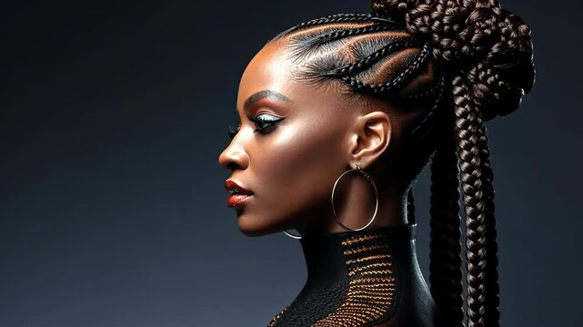 African woman with intricate braided hairstyle and gold earrings in profile. Dark-skinned model showcasing elegant cornrows and makeup against black background.
