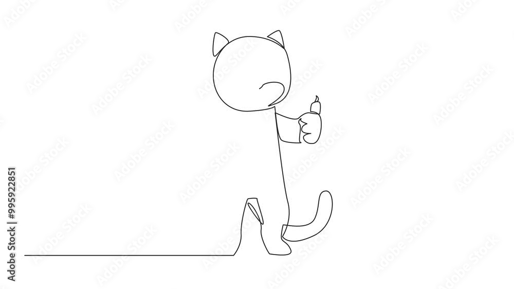 Poster self drawing animation of continuous line drawing the cat stands with both hands giving a thumbs up 