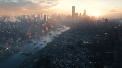 Fototapeta premium A futuristic city skyline overshadowed by towering piles of waste, postapocalyptic vision of a polluted world