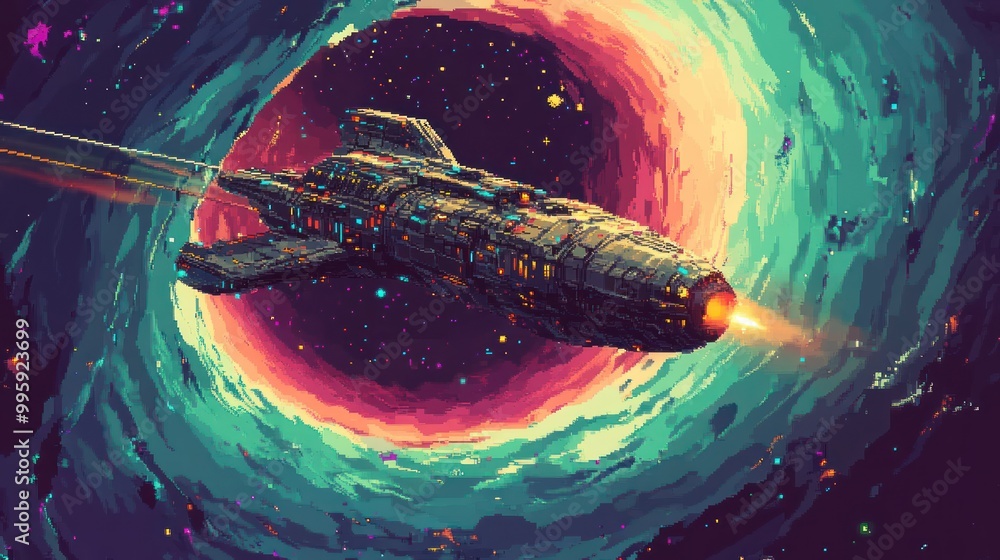 Poster spaceship flying through a cosmic vortex with pixelated art style
