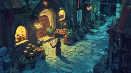 Naklejka premium A lone figure stands with a book in a dimly lit cobblestone alleyway.