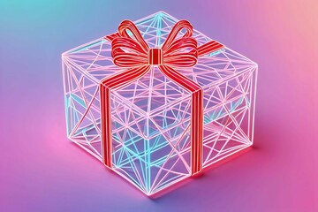 abstract pastel Christmas card with red neon wireframe gift box