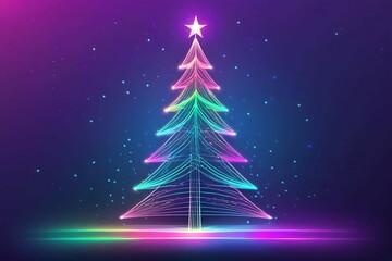 abstract pastel neon christmas card with abstract christmas tree made from light lines and dots