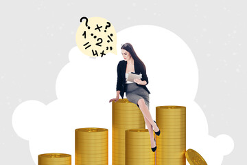 Photo collage trend artwork composite sketch image of silhouette young rich woman sit money coins...
