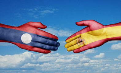 Spain and Laos country handshaking with flags, consensus concept international co-operation illustration