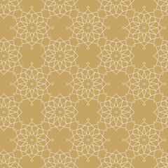 Abstract geometric pattern with crosses, stripes, lines. Seamless vector background. White and gold ornament. Modern reticulated graphic design.