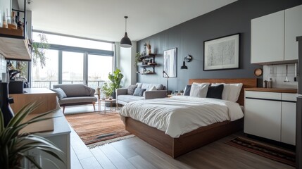 Bright studio apartment interior with a small living space, combining a bed, a couch, and a compact kitchen.