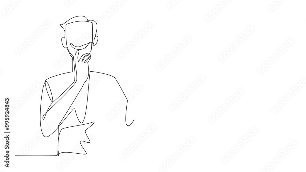 Aufkleber animated self drawing of continuous line drawing man holding and wearing happy mask on the other sid