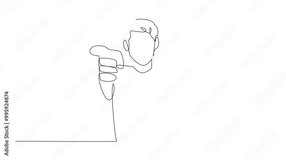 Poster animation of continuous line drawing smiling man pointing forward. happy feeling. always try to thin