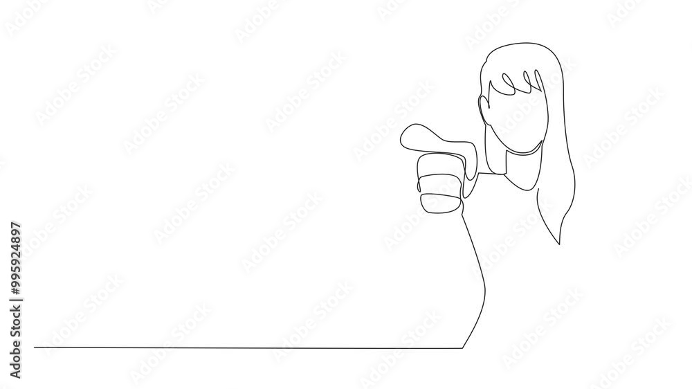 Poster self drawing animation of single line drawing a woman in casual clothes smiles points forward. expre