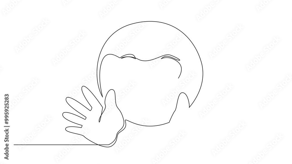 Poster self drawing animation of one line drawing smiling emoticon with raise both hands. text messages are