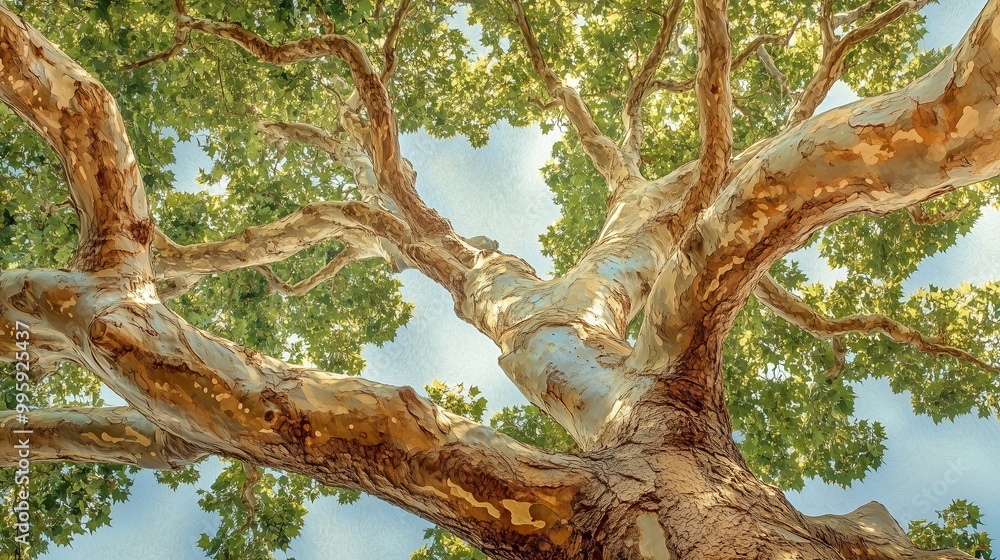 Aufkleber a wide view of an ancient tree’s trunk and branches basking in sunlight against a clear blue sky on 